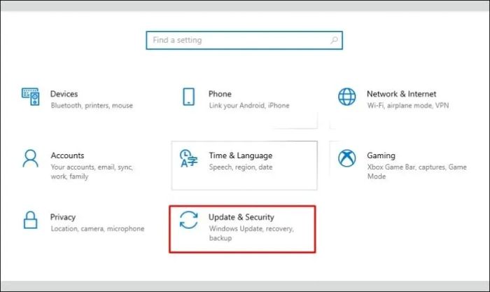 Chọn mục Update and Security trong giao diện Settings