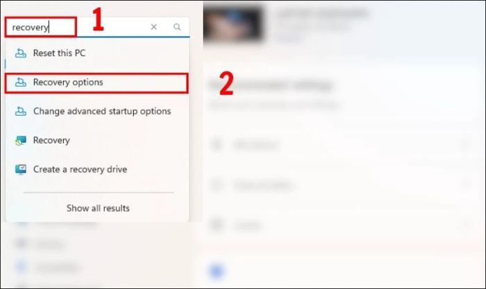 Nhấn tổ hợp phím Windows + I, sau đó tìm và chọn Recovery options