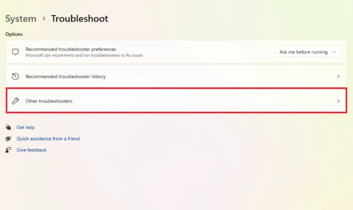 Nhấn vào Other Troubleshooters để mở danh sách các công cụ khắc phục sự cố