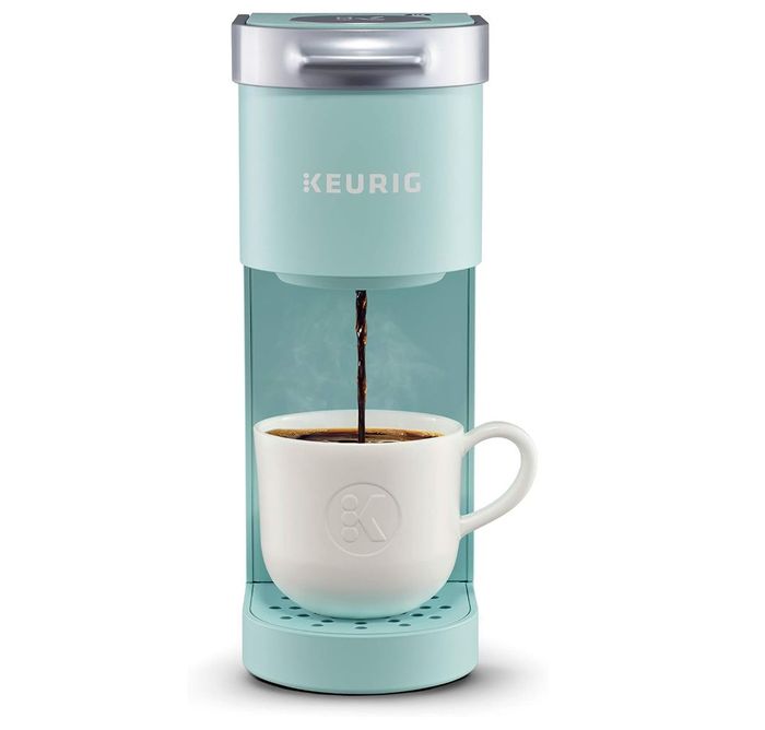 The sleek blue Keurig coffee maker