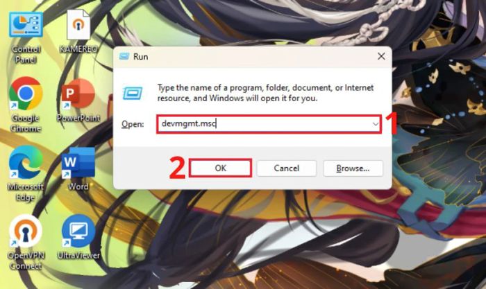 Nhập lệnh devmgmt.msc và chọn OK hoặc nhấn Enter