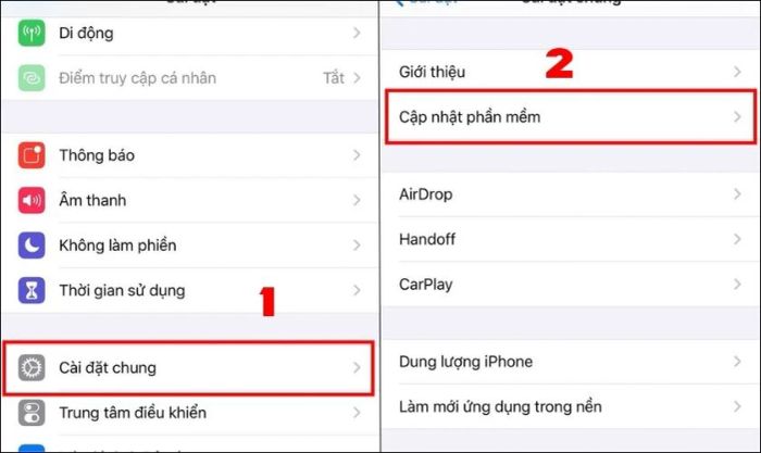 Vào mục Cài đặt chung trong phần Cài đặt của điện thoại và chọn Cập nhật phần mềm