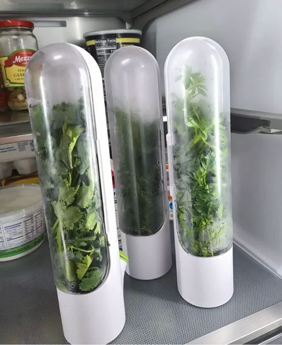 Three cylindrical white containers filled with herbs, stored in a fridge