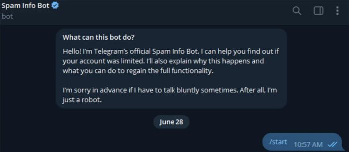 Nhấn lệnh /start để khởi động cuộc trò chuyện với Bot