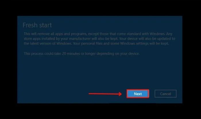 Chọn Next để xác nhận tiến trình tải và cài đặt lại Windows