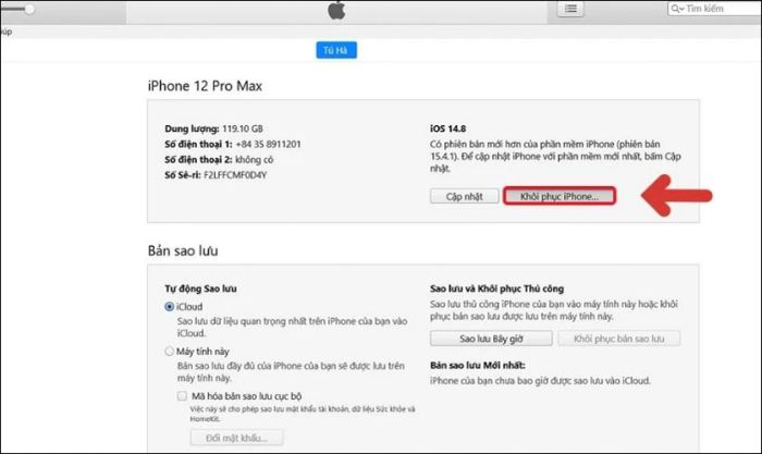 Chọn vào mục Khôi phục iPhone để bắt đầu quá trình phục hồi.