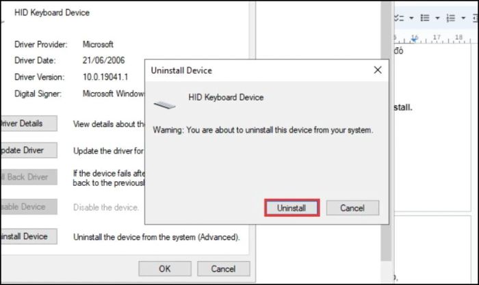 Xác nhận việc gỡ bỏ Driver bàn phím một lần nữa bằng cách nhấn vào Uninstall
