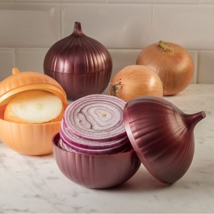 Onion-shaped storage containers holding halved and sliced onions, ideal for keeping vegetables fresh in the kitchen