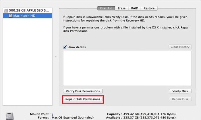 Click vào nút Repair Disk Permissions để sửa lỗi phân quyền ổ đĩa.