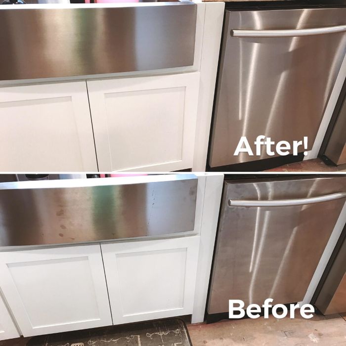 Reviewer's before/after photo of their kitchen stainless steel (fingerprints visible before, shiny and spotless after)