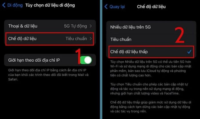 Chọn Chế độ dữ liệu và chọn Chế độ dữ liệu thấp