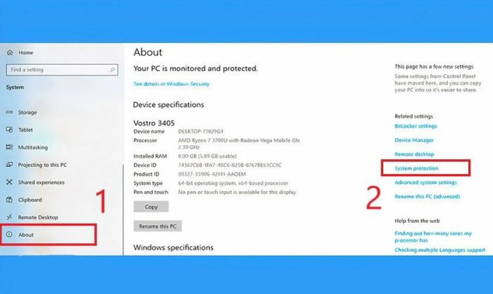 Chọn About và vào mục System Protection để tiến hành các bước tiếp theo.