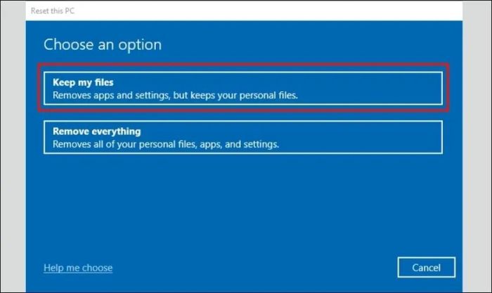 Chọn Keep my files để bảo lưu các tệp tin