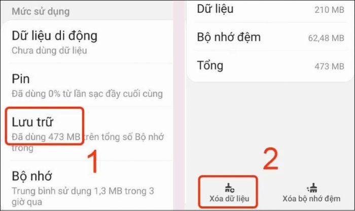 Xóa bộ nhớ đệm hoặc Xóa dữ liệu của ứng dụng