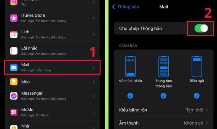 Vào Mail và kéo thanh cho phép thông báo lên