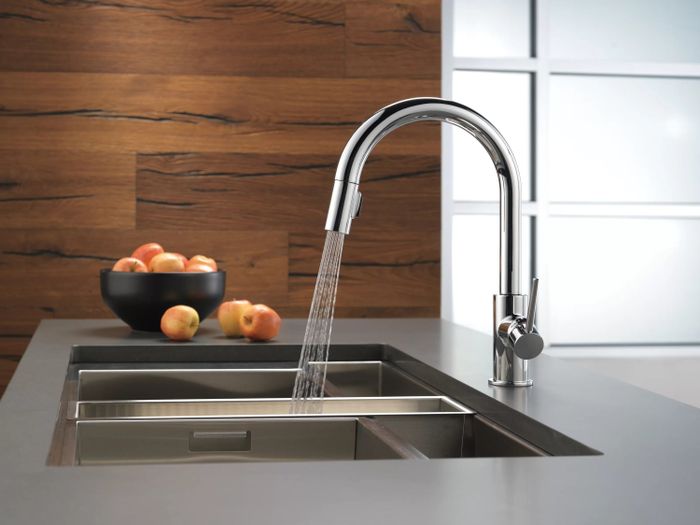 The faucet with a single handle and a pull-down sprayer
