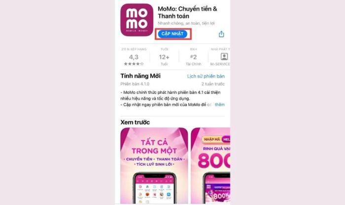 Cập nhật ví MoMo gặp sự cố
