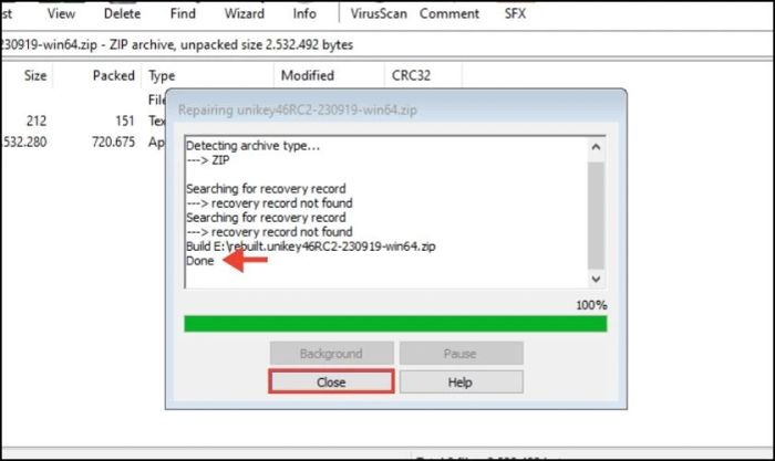 Nhấn Close để kết thúc quá trình phục hồi file nén