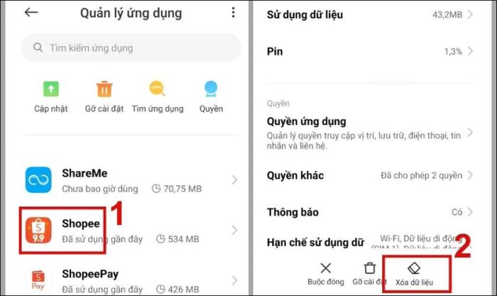 Nhấn vào mục Xóa dữ liệu