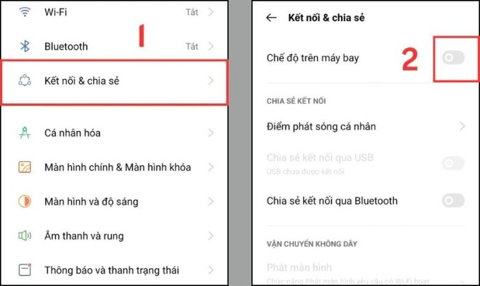 Thực hiện bật tắt chế độ máy bay trong phần cài đặt điện thoại