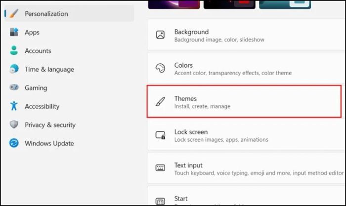 Trong cửa sổ Personalization, chọn thẻ Themes và sau đó nhấn vào Sound