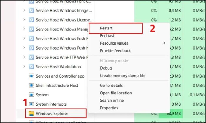 Nhấn chuột phải và chọn Restart