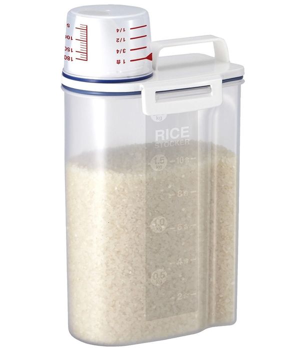Rice-filled storage bin standing upright