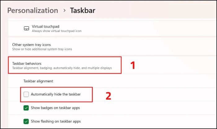 Kiểm tra xem thanh Taskbar có đang bị ẩn trên Windows 11 không
