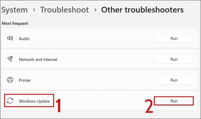 Nhấn vào Windows Update và chọn Run