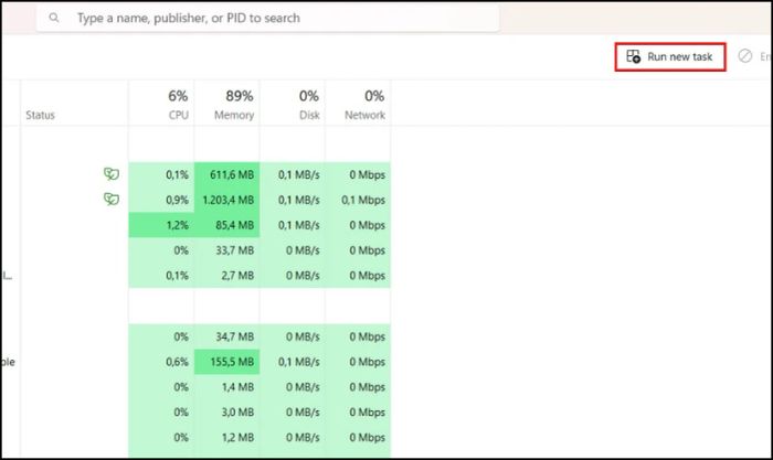 Chọn mục Run new task trong Task Manager