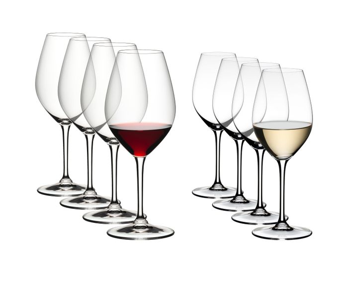 the set of eight red and white wine glasses arranged elegantly
