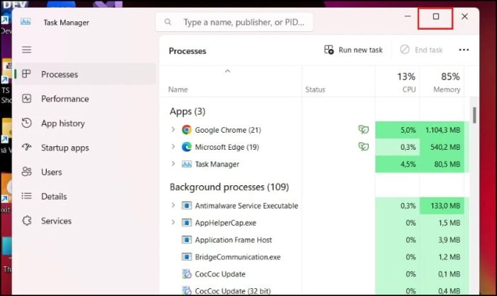 Khởi động lại Windows Explorer qua Task Manager khi thanh Taskbar không hiển thị