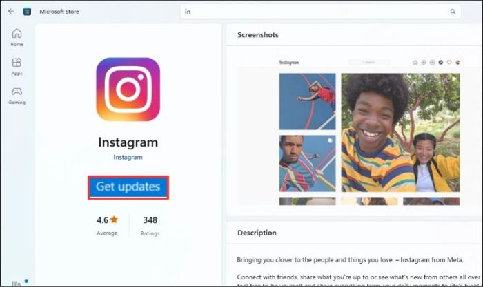 Kiểm tra ứng dụng Instagram trên Microsoft Store và nhấn Get update để cập nhật