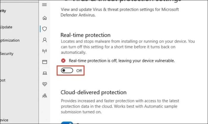 Tại mục Real-time protection, chuyển trạng thái từ On sang Off