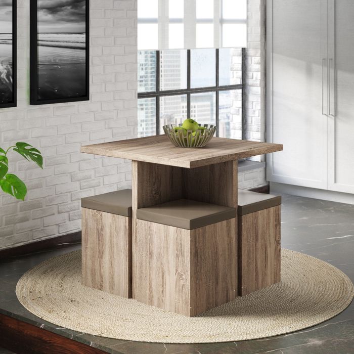 The brown five-piece dining set with stools neatly tucked underneath.