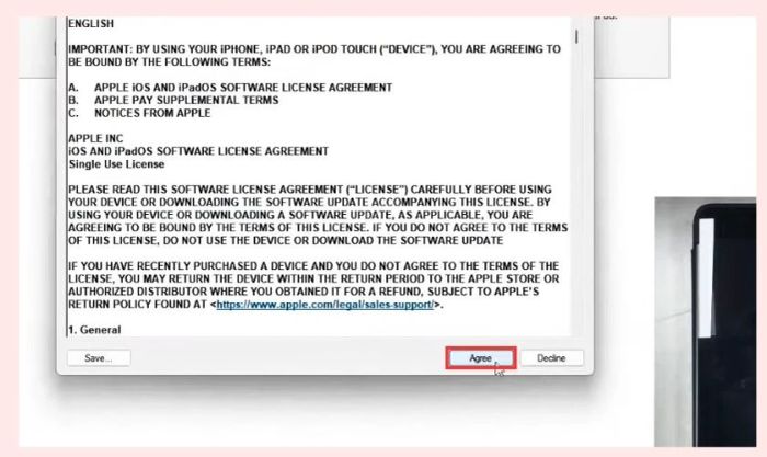 Nhấn Agree để đồng ý các điều khoản trước khi tiếp tục quá trình Restore