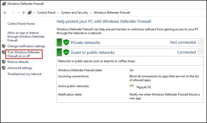 Chọn tab bật hoặc tắt Tường lửa của Bộ bảo vệ Windows