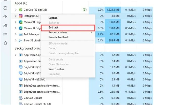 Nhấn chuột phải vào ứng dụng Instagram và chọn End task