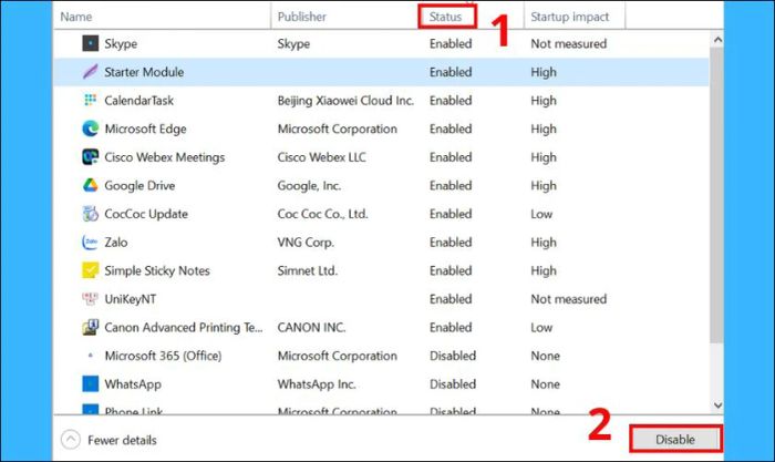 Tắt từng ứng dụng có trạng thái Enabled