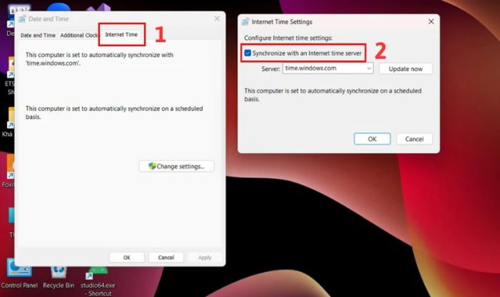 Bỏ chọn mục Synchronize with an Internet time server và nhấn OK để lưu thay đổi
