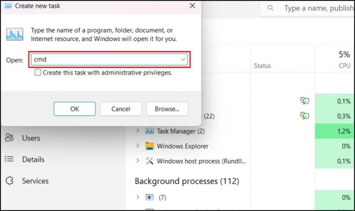 Trong ô Open, gõ cmd và nhấn Enter để mở Command Prompt