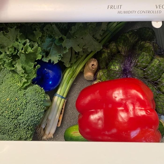 The BluApple placed in a fridge drawer surrounded by fresh produce