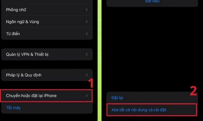 Chọn mục Chuyển hoặc đặt lại iPhone và nhấn tiếp vào Xóa tất cả nội dung và cài đặt.