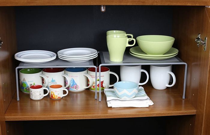 Silver organizer rack expanded on shelf