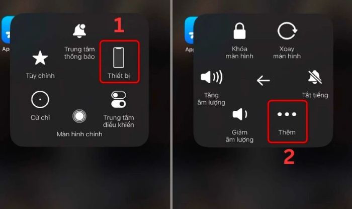 Nhấn vào AssistiveTouch trên màn hình iPhone, chọn Thiết bị, sau đó chọn Thêm