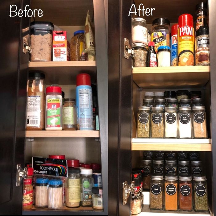 Reviewer's cabinet before and after arranging various bottles and spices on a three-tiered stand