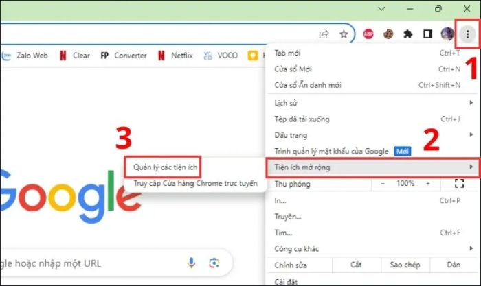 Nhấn vào dấu ba chấm ở góc trên bên phải và chọn Tiện ích mở rộng