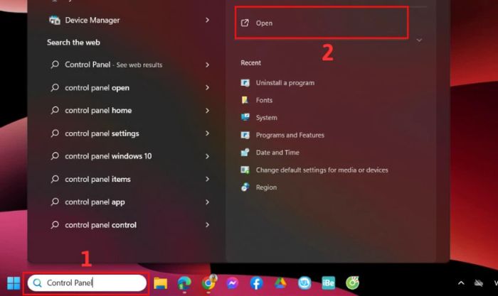Tìm kiếm và mở Control Panel trong Windows Search