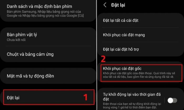 Chọn Đặt lại và bấm vào Khôi phục cài đặt gốc