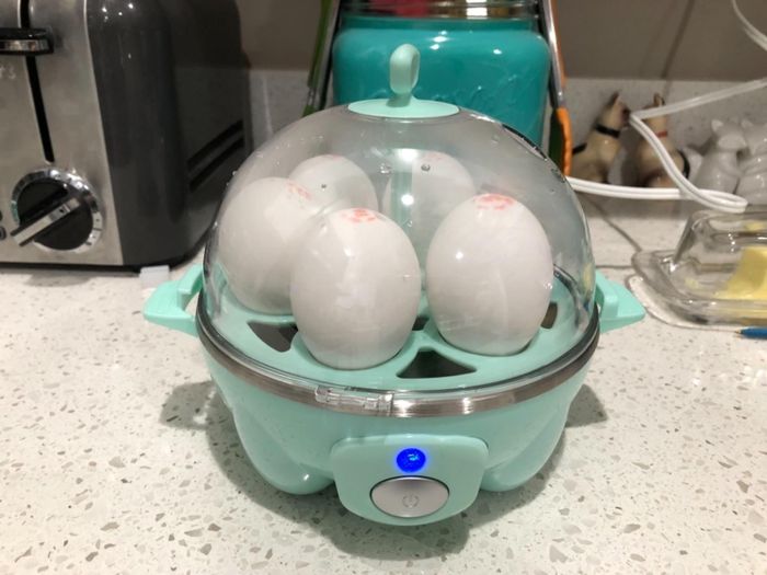 The egg cooker working its magic on several eggs at once